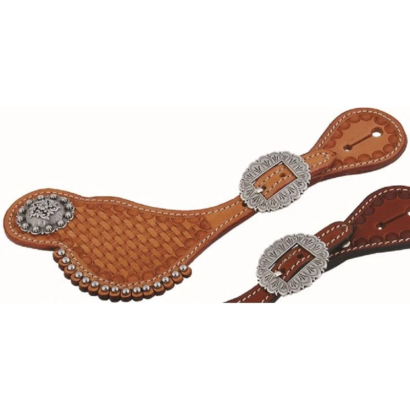 Western Rawhide Country Legend Shaped Basket Tooling Spur Straps With Steel Dots - Golden Tan 1 Western Rawhide Country Legend Shaped Basket Tooling Spur Straps With Steel Dots - Golden Tan