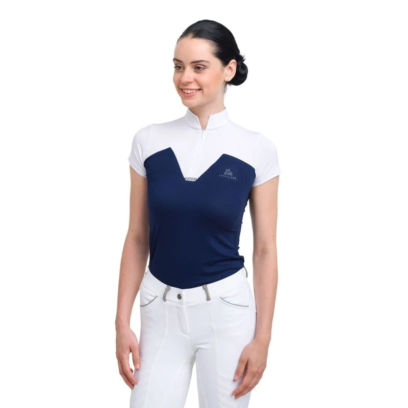 Cavalliera Women's POP Short Sleeve Show Shirt - White/Navy Blue 1 Cavalliera Women's POP Short Sleeve Show Shirt - White/Navy Blue