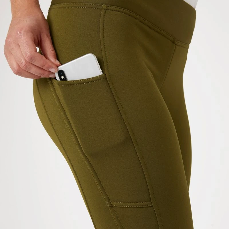 Horze Women's Active Winter Silicone Knee Patch Tights W/ Phone Pocket - Dark Olive 2 Horze Women's Active Winter Silicone Knee Patch Tights W/ Phone Pocket - Dark Olive - Image 2
