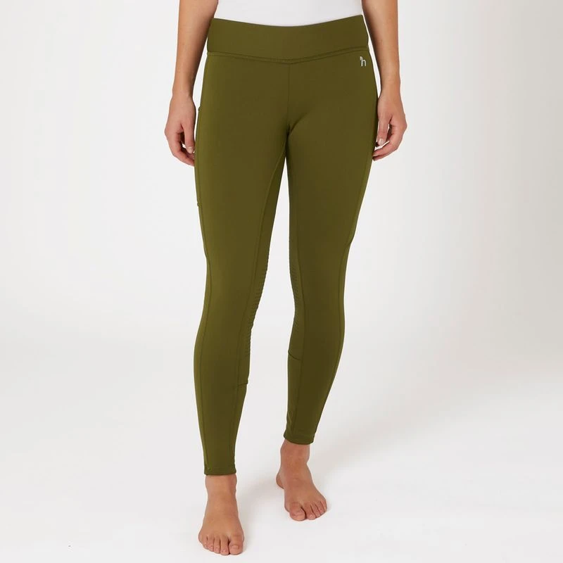 Horze Women's Active Winter Silicone Knee Patch Tights W/ Phone Pocket - Dark Olive 4 Horze Women's Active Winter Silicone Knee Patch Tights W/ Phone Pocket - Dark Olive - Image 4