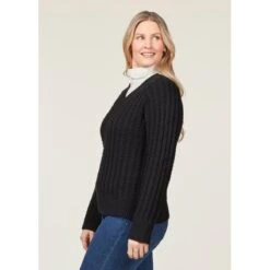 EQL Women's Brittany Cable Knit V-Neck Sweater - Black -Horse Rider Wear 694379 800 800