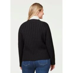 EQL Women's Brittany Cable Knit V-Neck Sweater - Black -Horse Rider Wear 694380 800 800